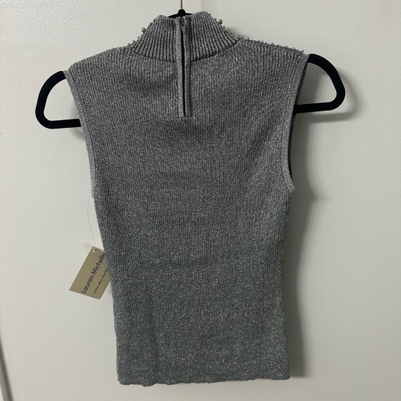 NWT Lauren Michelle Silver Metallic Mock Neck Beaded Sleeveless Tank Sz. Small - Picture 9 of 13